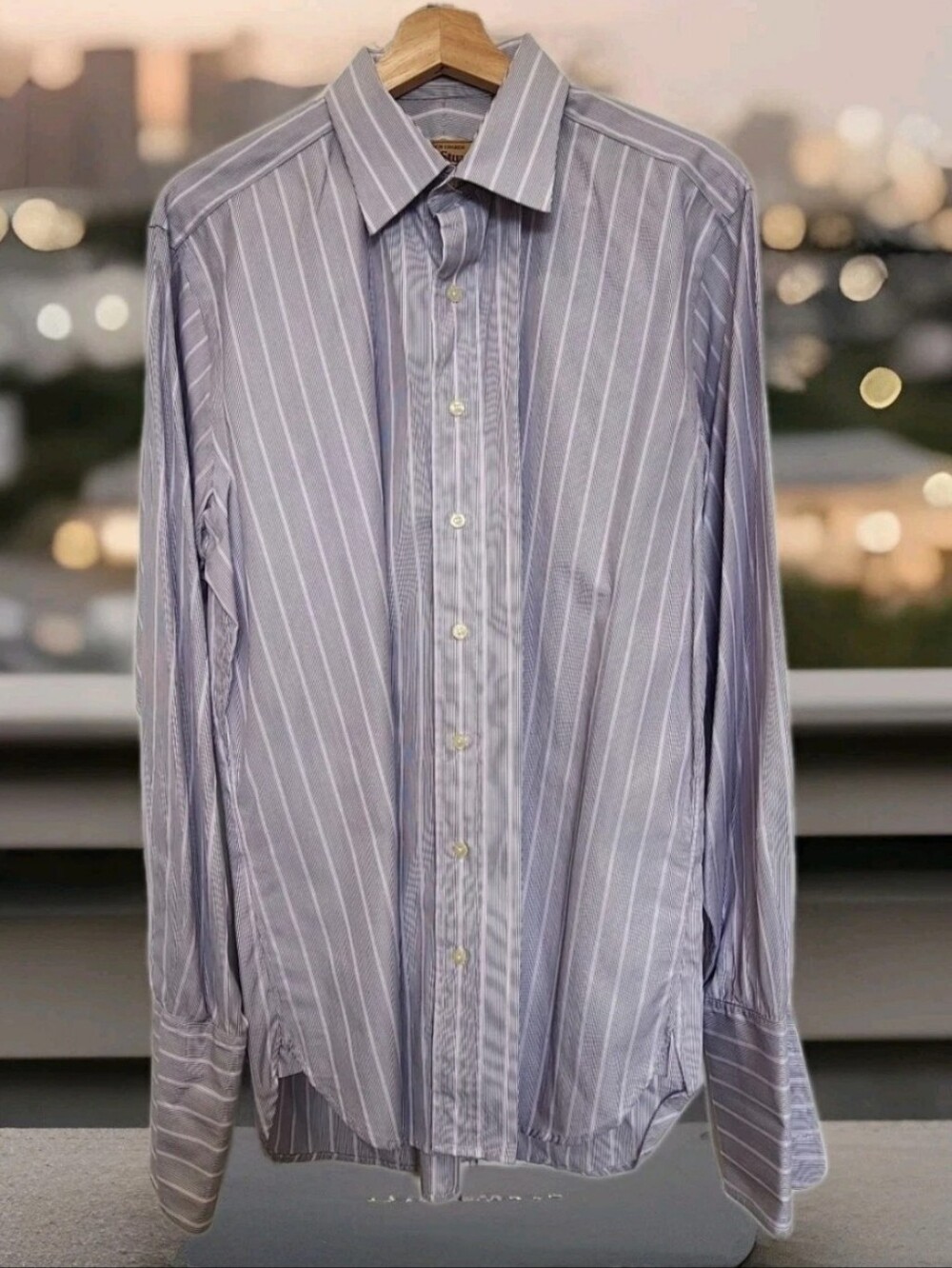 Paul Stuart Mens Purple Striped Dress Shirt Size 16 35 100% Cotton